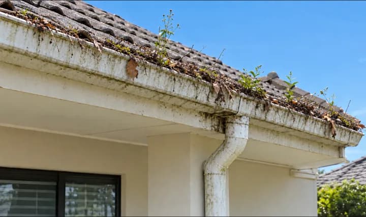 Illustration: a gutter blocked with leaves, twigs and weeds before cleaning